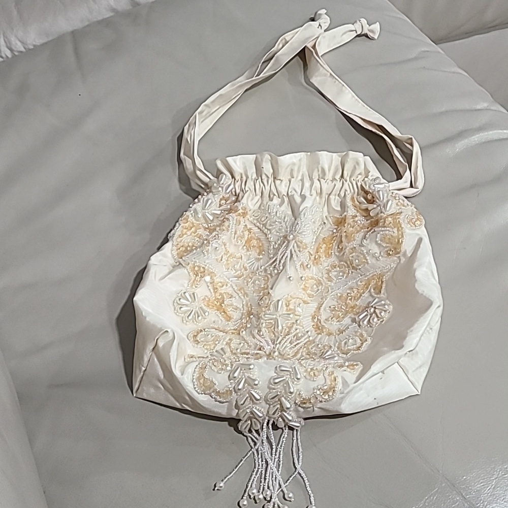 Embellished Ivory Drawstring Evening Pouch